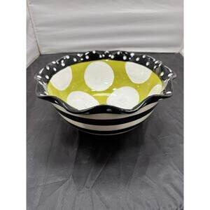 MudPie Style 12” Ruffle Ceramic Bowl Cracked Egg Lime Green Polka Dot & Stripes